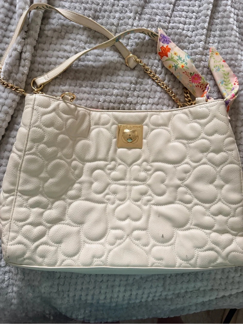 Betsey Johnson Cream Quilted Shoulder Bag with Gold Hardware